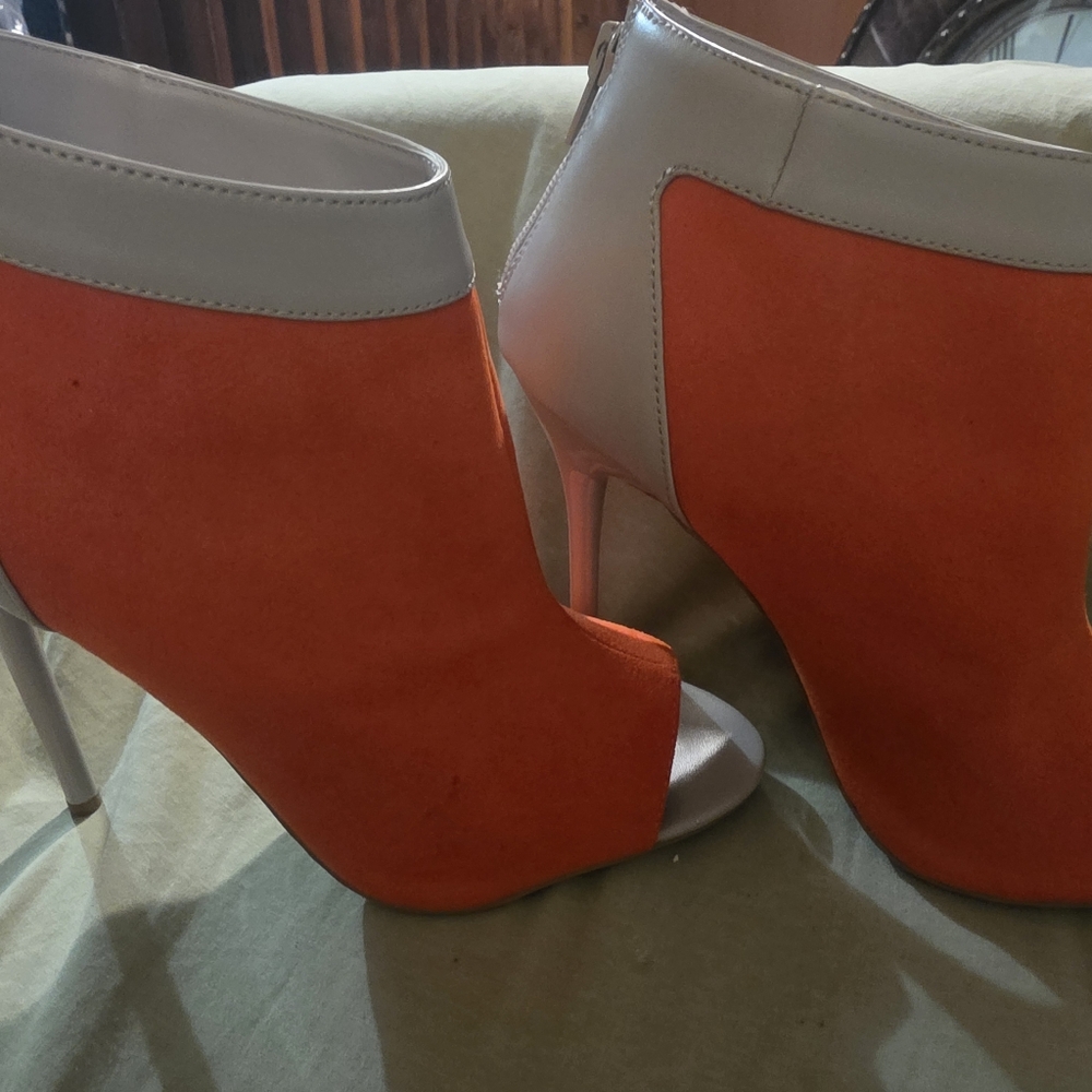 Orange and Gray Heeled Boots with Chunky Heel
